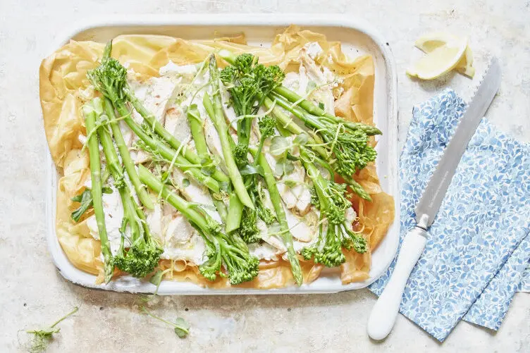 Spring chicken and tarragon open filo pie