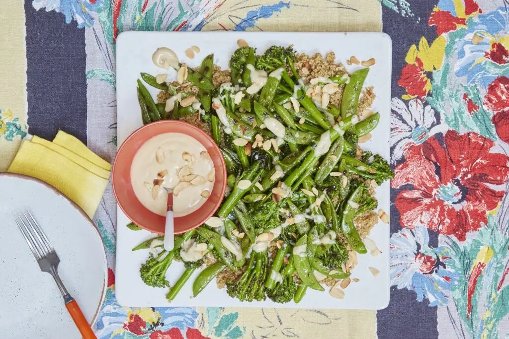 Griddled broccoli with sugar snaps and tahini
