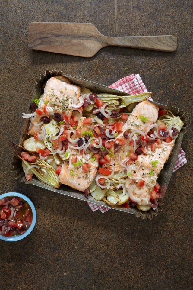 Fish traybake recipe with potatoes, fennel and olive vinaigrette