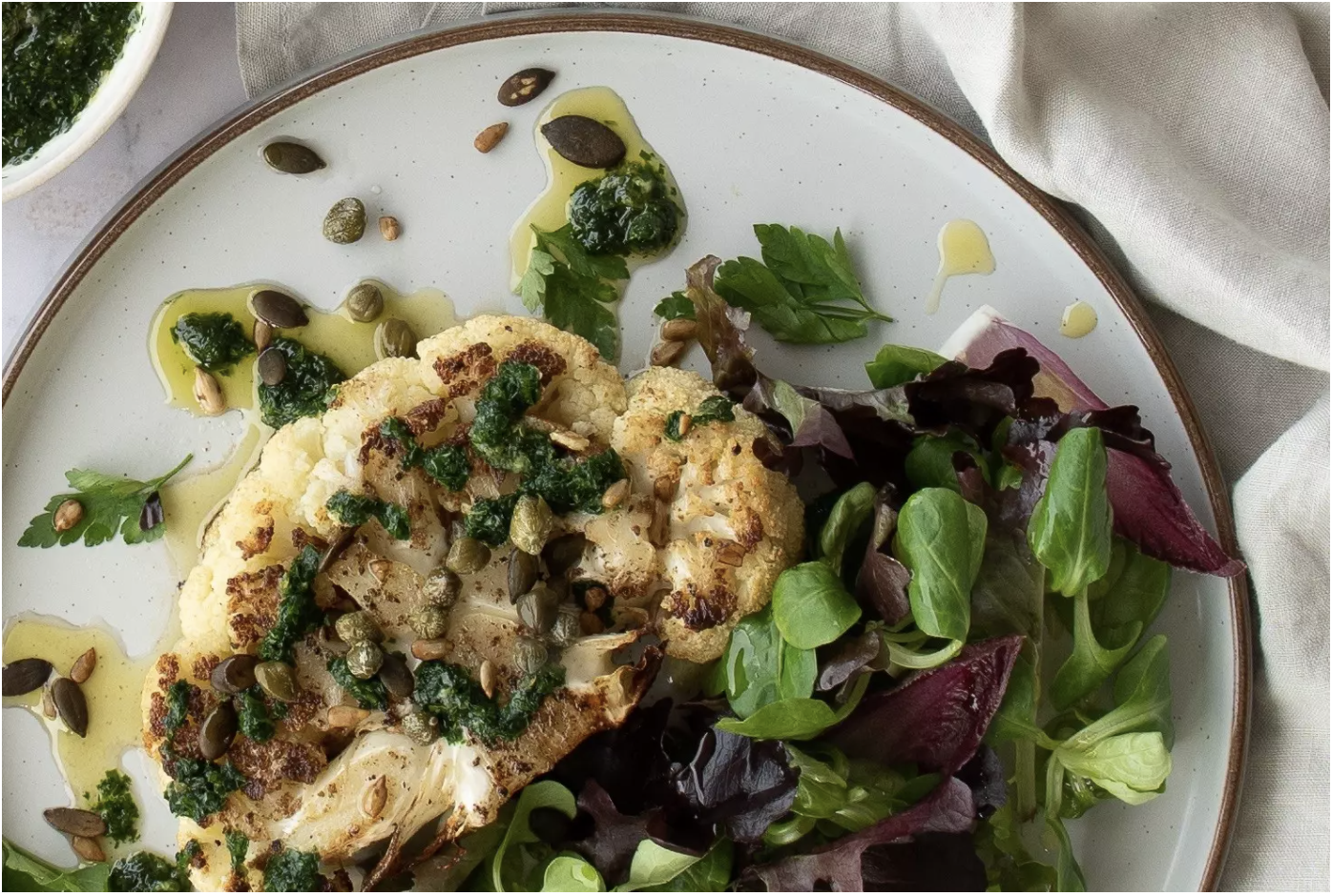 Roasted cauliflower steaks recipe with parsley salsa