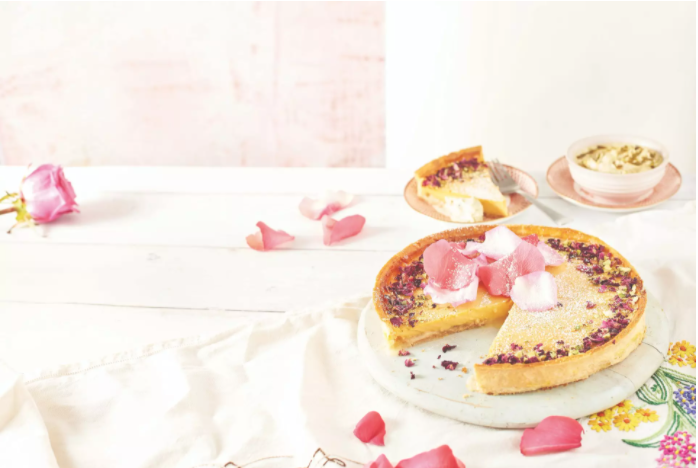 Rose, cardamom and passion fruit tart recipe with pistachio creme