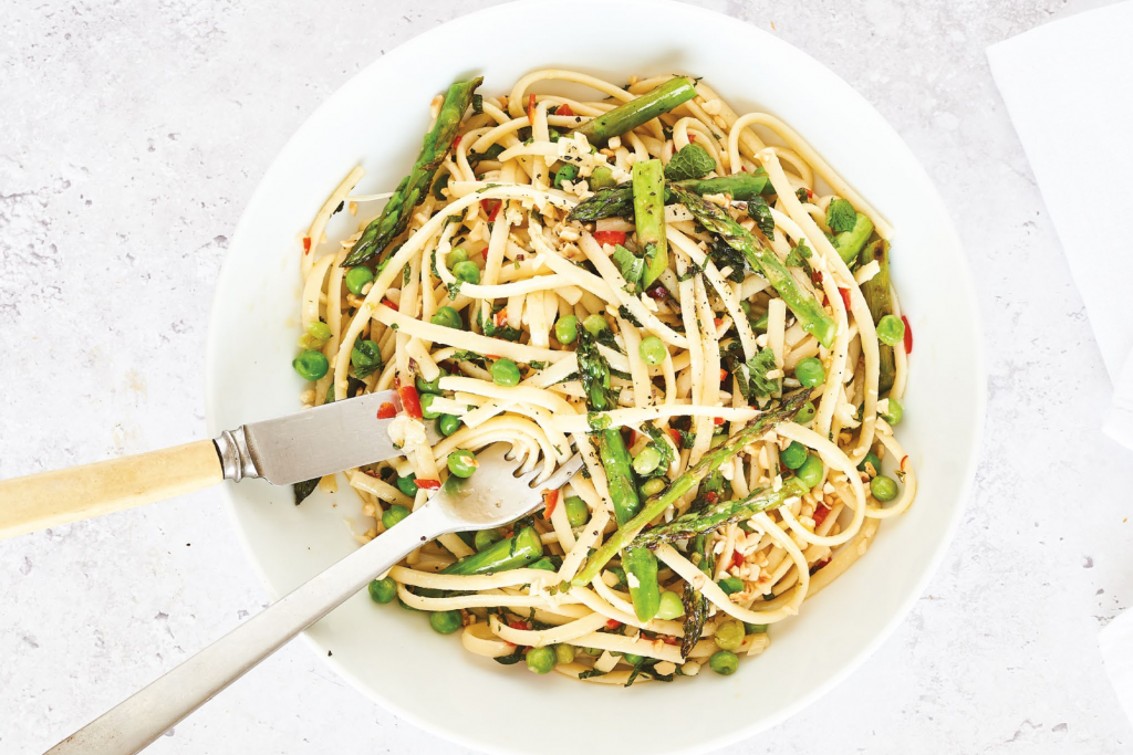 Summer linguine recipe with asparagus, peas, chilli, mint and toasted hazelnuts