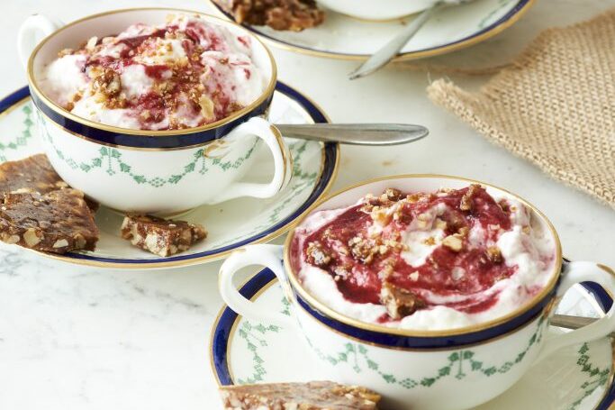 Damson fool recipe with a walnut brittle