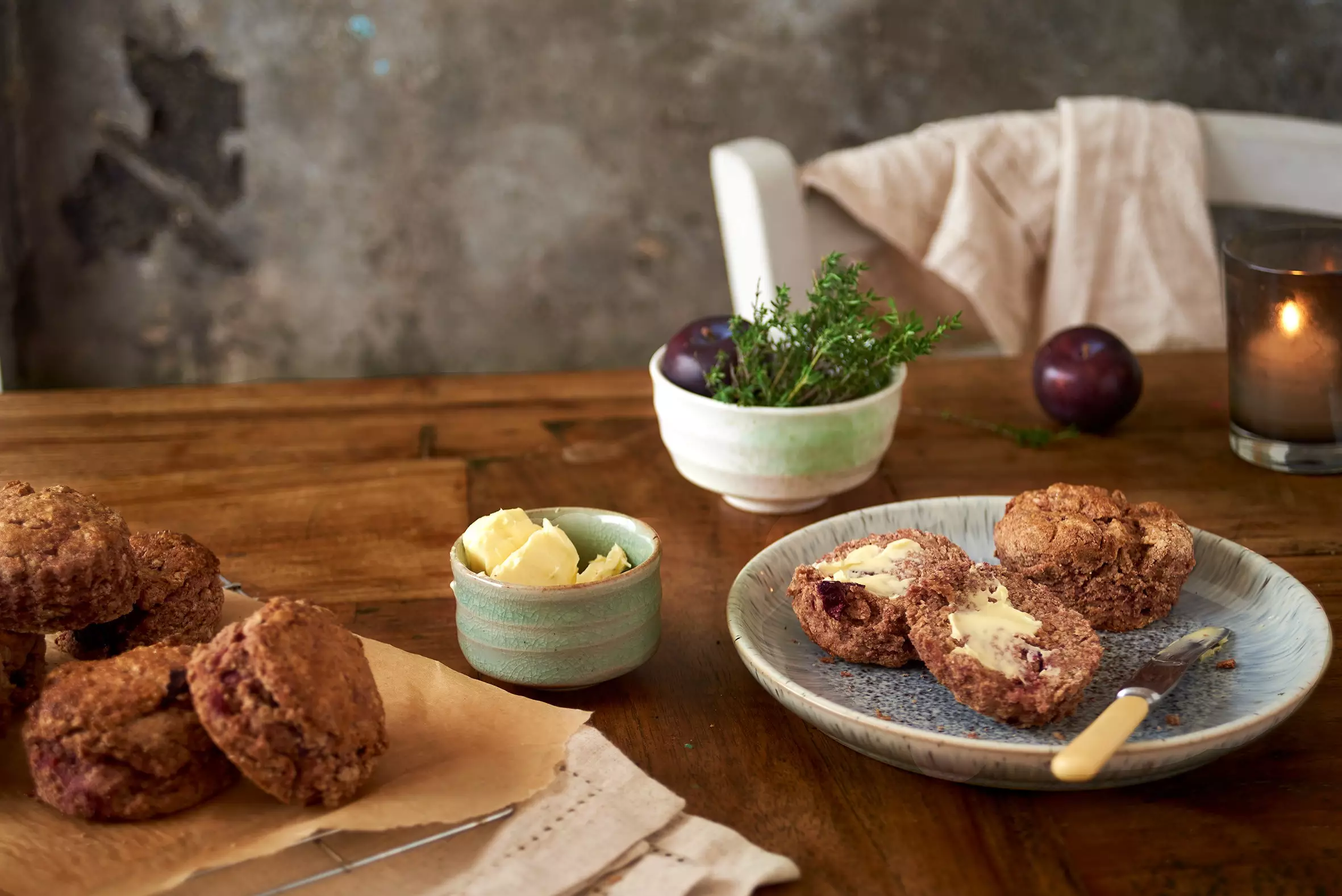 Roasted plum, thyme and cinnamon scones