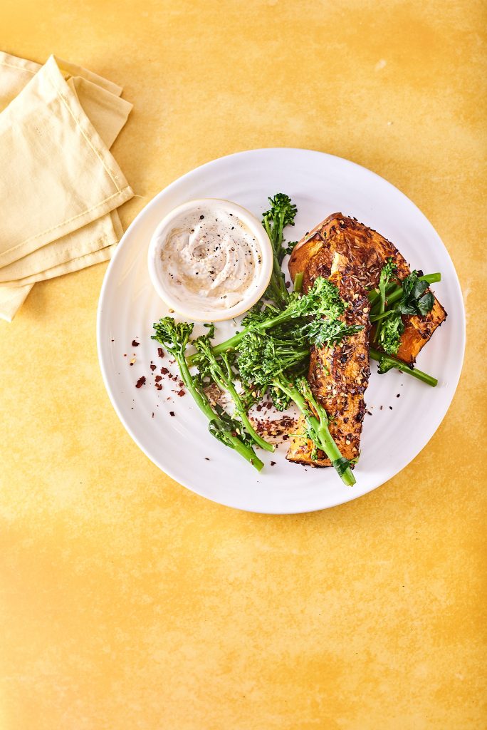 Roast chilli squash recipe with grilled broccoli and tahini yoghurt