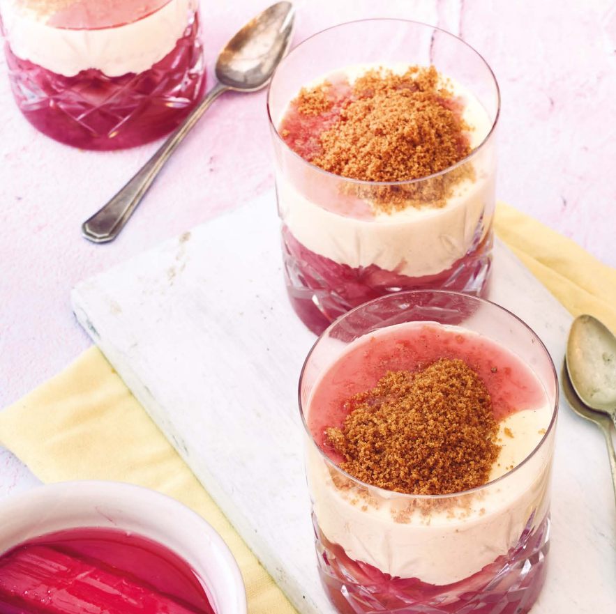 Rhubarb panna cotta with ginger crumb recipe for a fresh, spring pudding