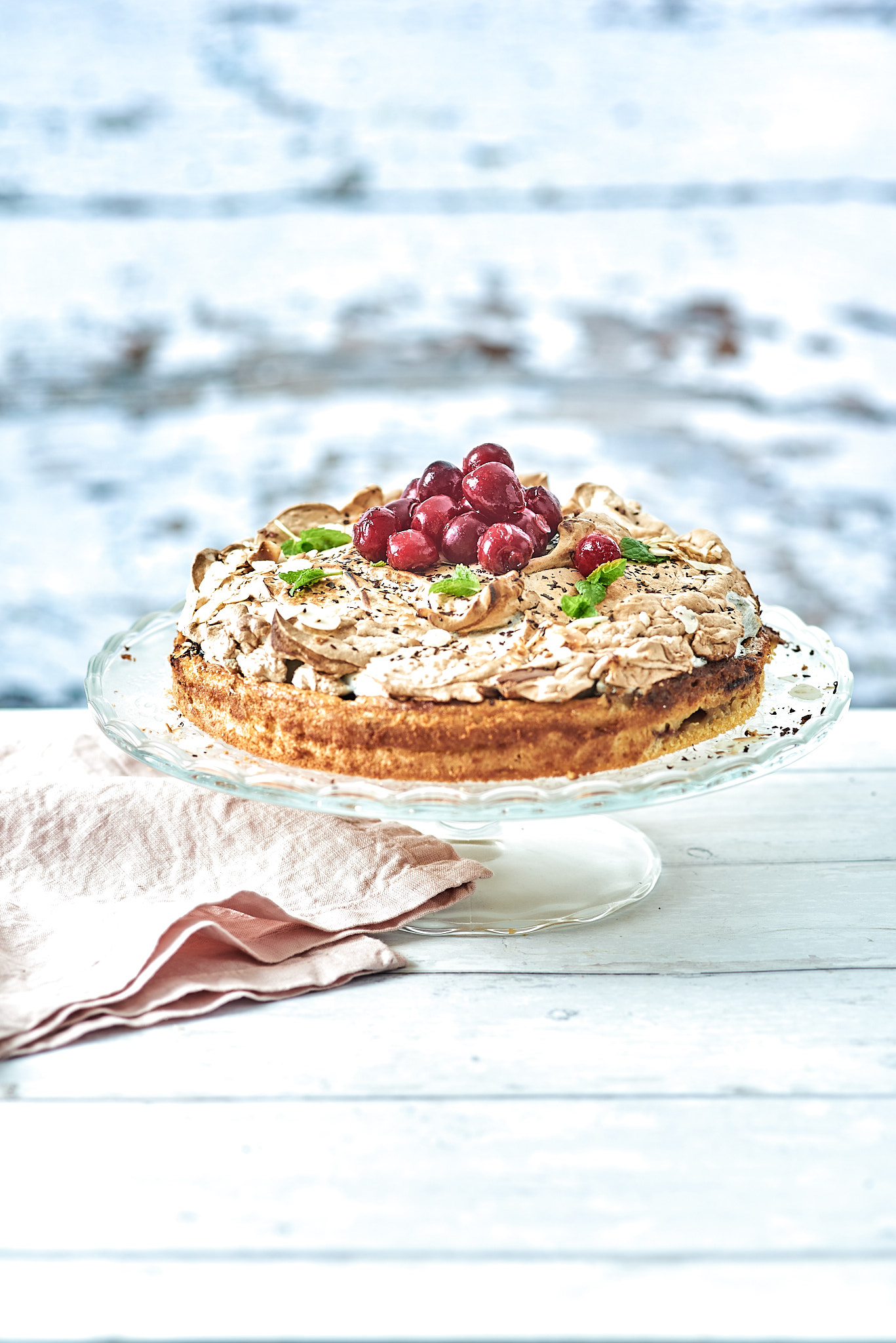 Cherry polenta cake recipe with balsamic meringue topping