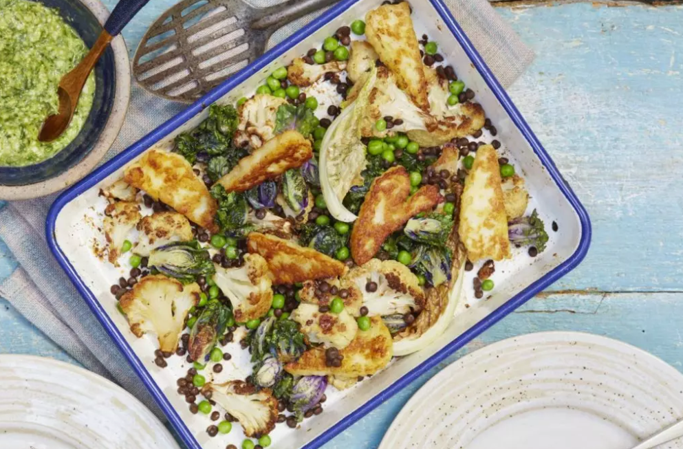 Roasted cauliflower recipe with halloumi, peas and wild garlic pesto