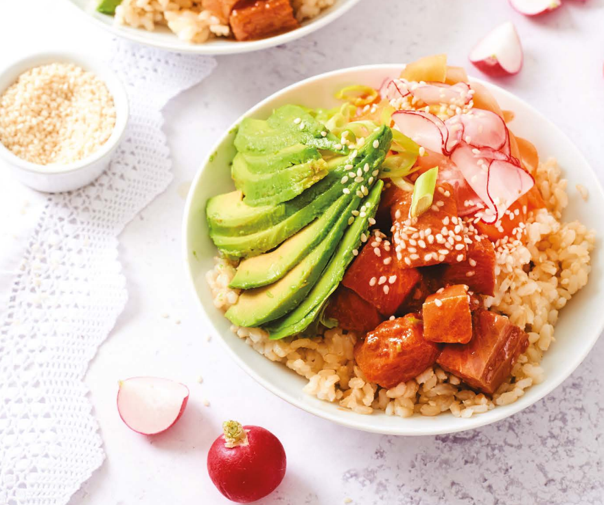 Salmon, pickled veggies and avocado poke bowl recipe