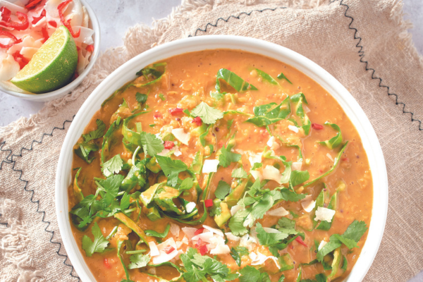 Spring greens and coconut dahl recipe with coconut salsa