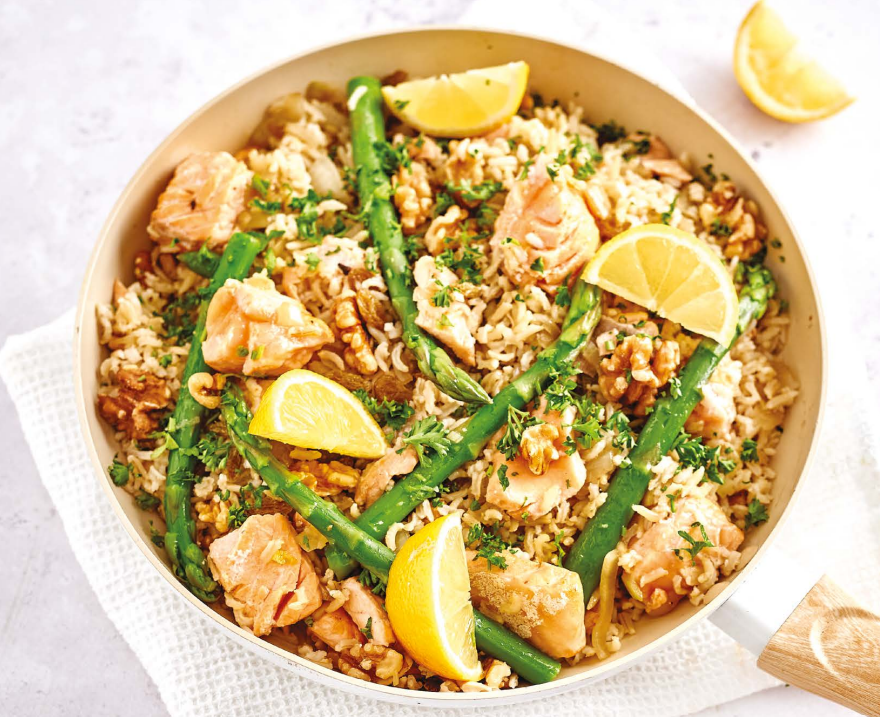 Salmon and asparagus brown rice pilaf recipe for an easy mid-week dinner